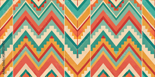 Colorful zigzag pattern with vibrant orange, teal, and beige tones.