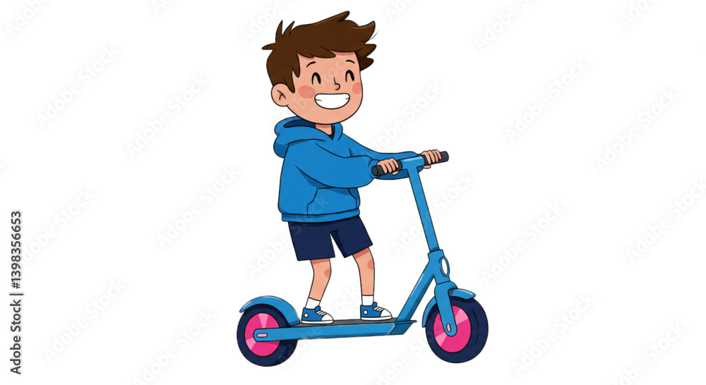 A boy riding a scooter character isolated on white A boy riding a scooter character isolated on white