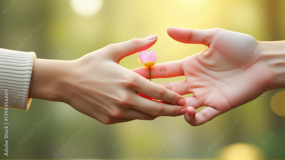 The image shows two hands holding a pink tulip in the shape of a heart The image shows two hands holding a pink tulip in the shape of a heart