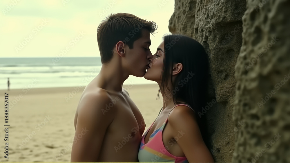 The image shows a man and woman passionately embracing and kissing on the beach The image shows a man and woman passionately embracing and kissing on the beach