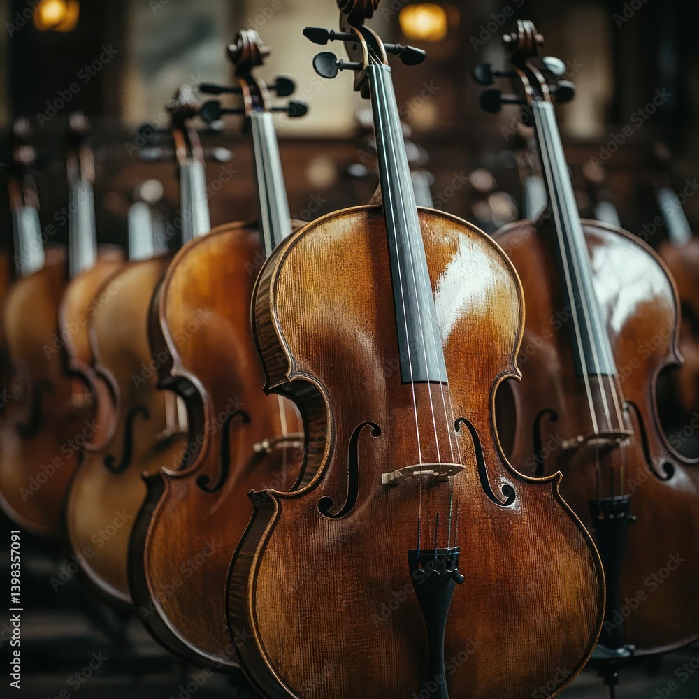 Naklejka premium Elegant stringed instruments in a row. A collection of cellos, showcasing rich wood tones and intricate details