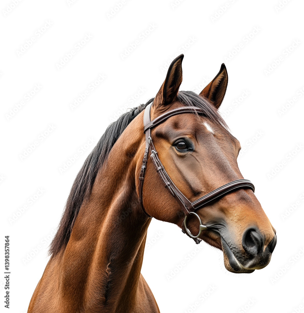 Majestic brown horse portrait animal view. Isolated on transparent background, png.