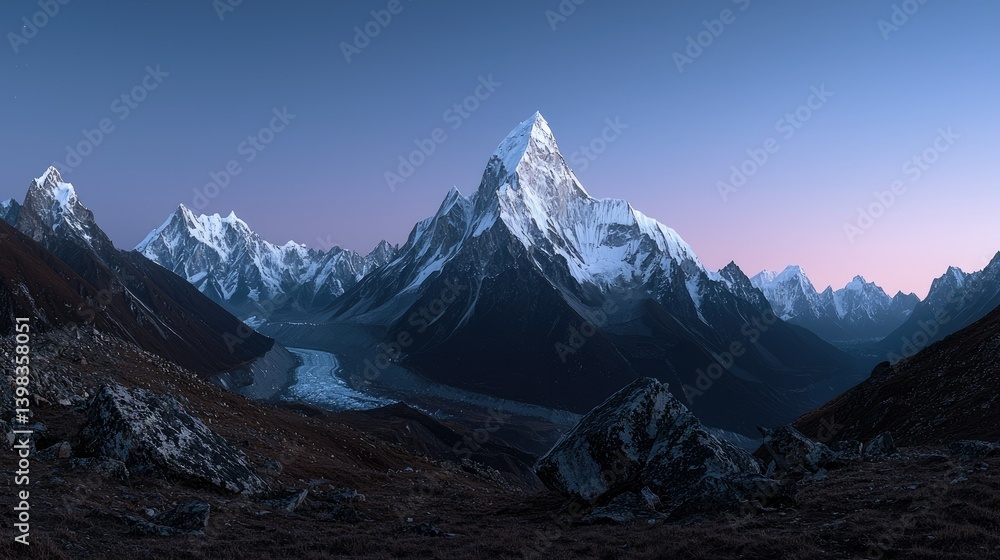 Obraz premium Majestic snow covered mountains rise against a twilight sky backdrop