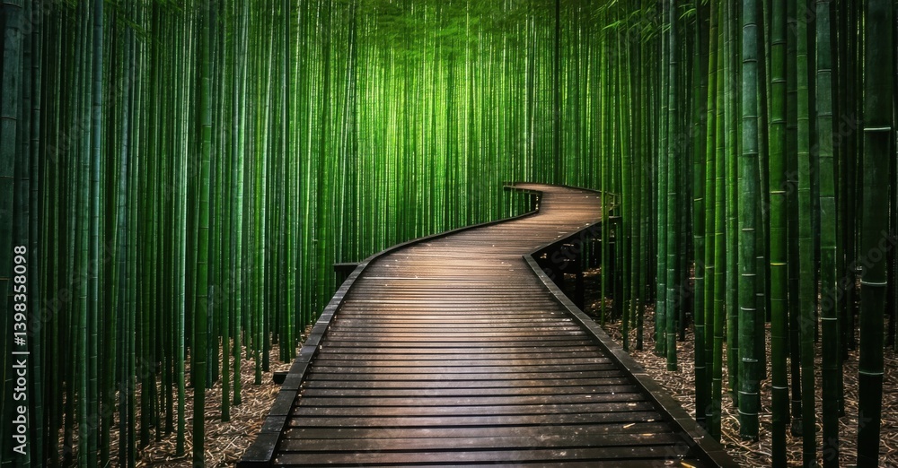 Fototapeta premium Wooden pathway leading through dense bamboo forest deep navy and bright silver symbolizing adventure and calm