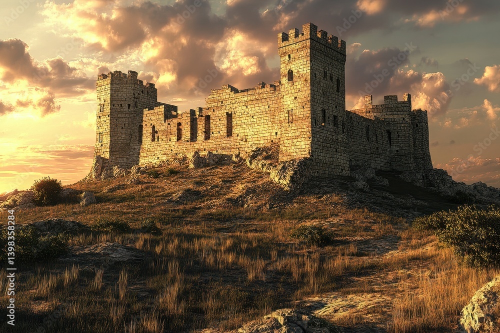 Obraz premium Historic castle ruins on rocky terrain under a colorful sky at sunset