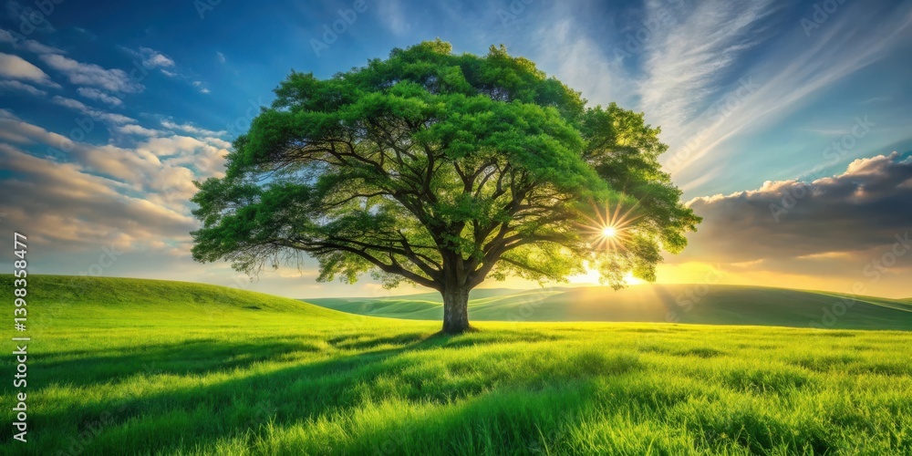 Fototapeta premium Serene Sunset Landscape Featuring a Majestic Oak Tree in a Verdant Meadow