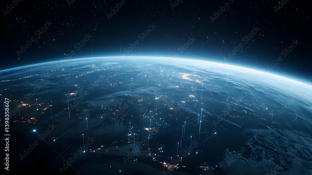 Obraz premium Earth At Night From Space With City Lights And Satellites