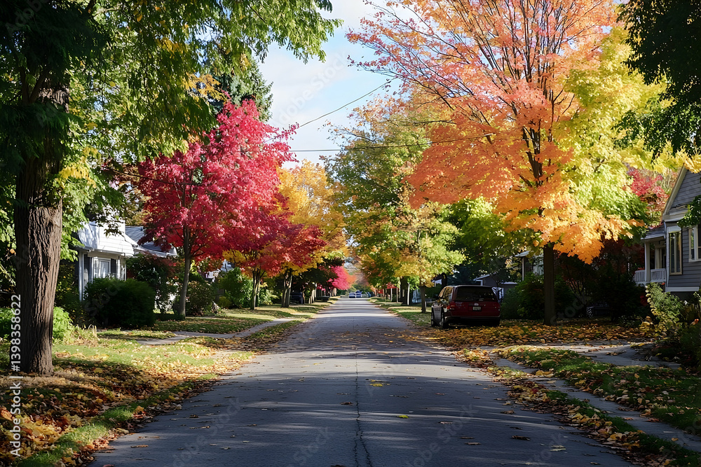 Obraz premium A picturesque autumn street lined with vibrant fall foliage.