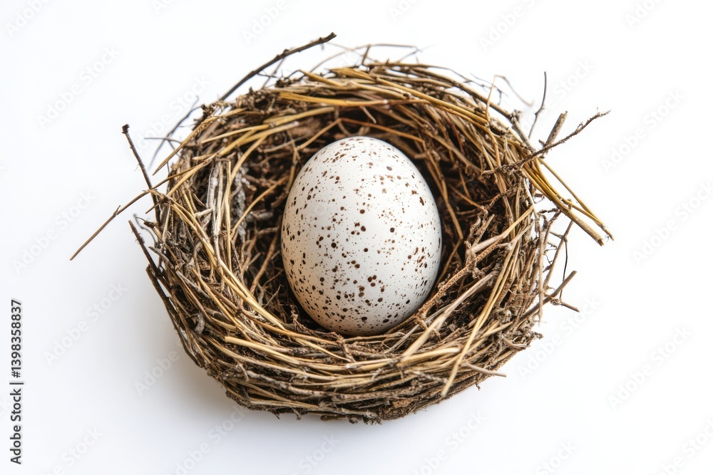 Speckled egg resting securely inside a bird's nest on white space isolated on white background Speckled egg resting securely inside a bird's nest on white space isolated on white background