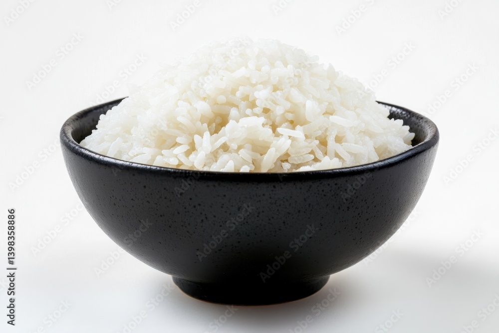 A bowl filled with fluffy cooked grains on a clean white surface isolated on white background A bowl filled with fluffy cooked grains on a clean white surface isolated on white background