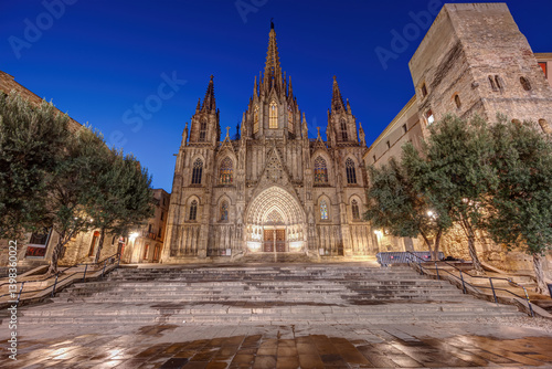 The Barcelona Cathedral with no people at blue hour