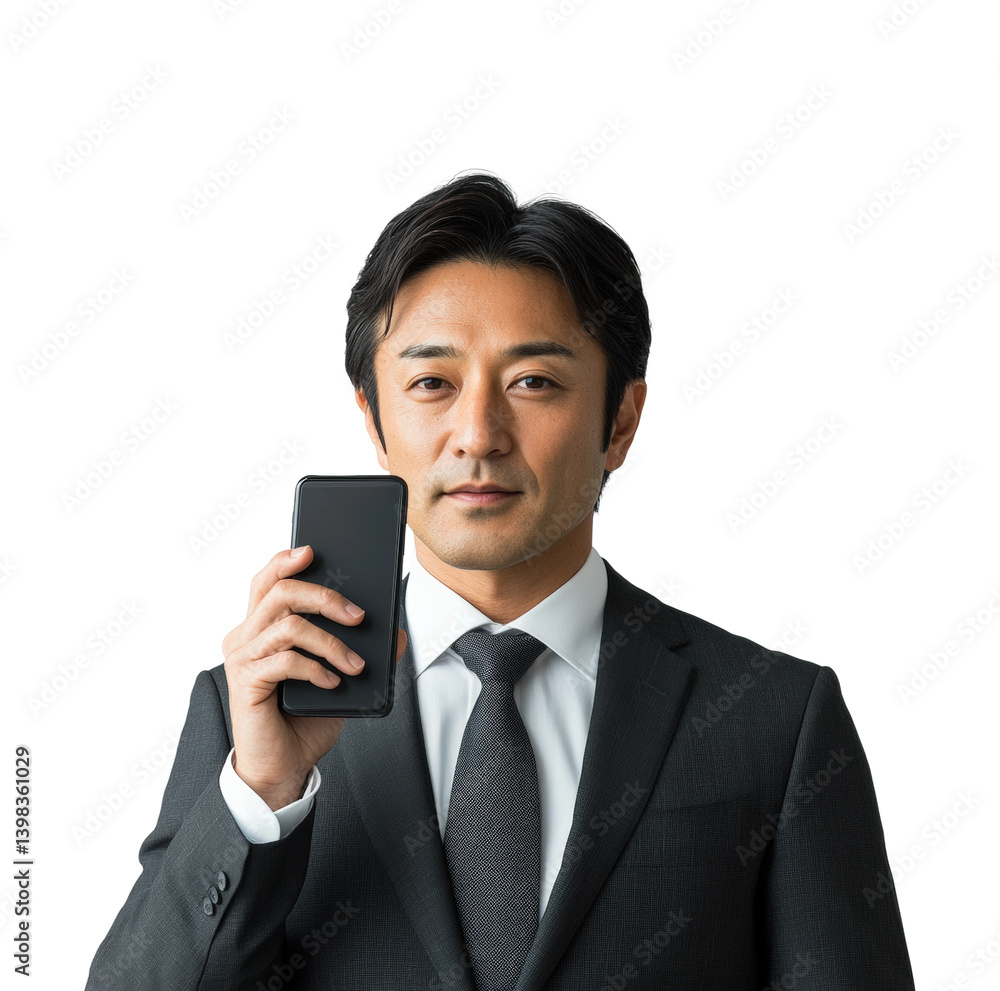 Business professional holding smartphone modern office portrait confidence and innovation. Isolated on transparent background, png. Business professional holding smartphone modern office portrait confidence and innovation. Isolated on transparent background, png.