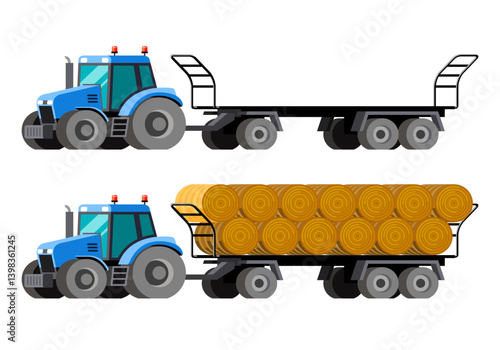 Tractor towing a flatbed trailer loaded with round hay bales. The illustration style is clean and modern. The background is plain white