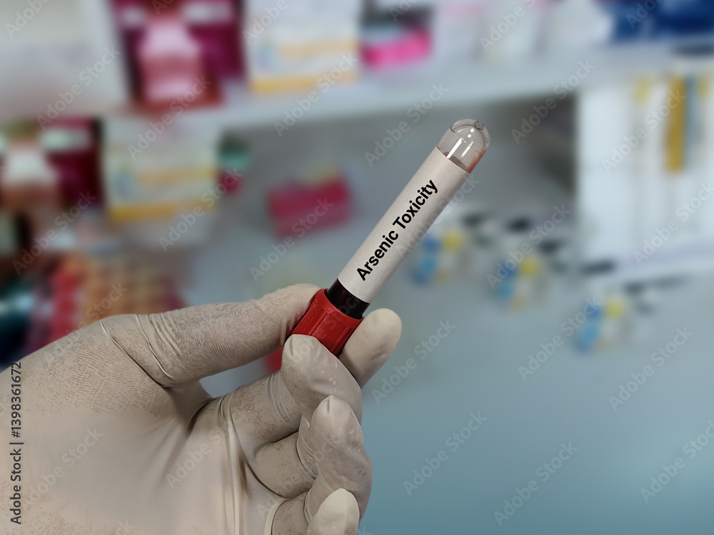 Naklejka premium Doctor hold blood sample for Arsenic Toxicity test with laboratory background.