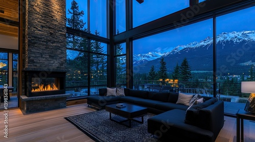 A luxurious modern living room overlooking snowy mountain peaks