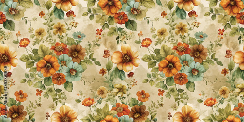 Vibrant floral pattern with warm hues of orange and blue on a soft background.