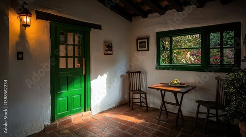 Wallpaper Mural Interior scene depicting a doorway table chairs and a garden view Torontodigital.ca