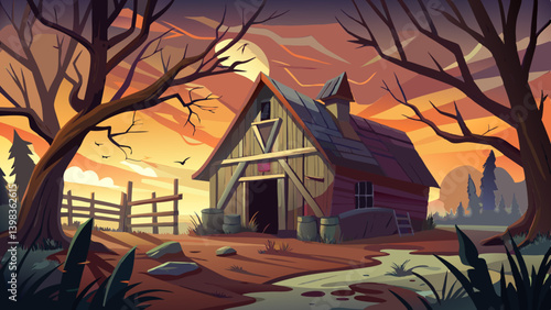 A dilapidated barn with creaking wood and strange shadows at dusk.