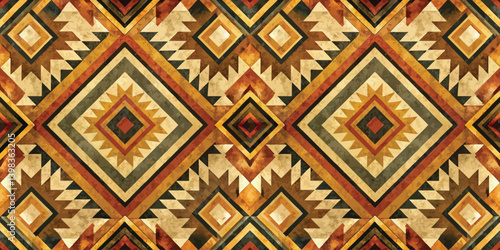 Colorful geometric pattern with rich earthy tones and intricate diamond shapes.