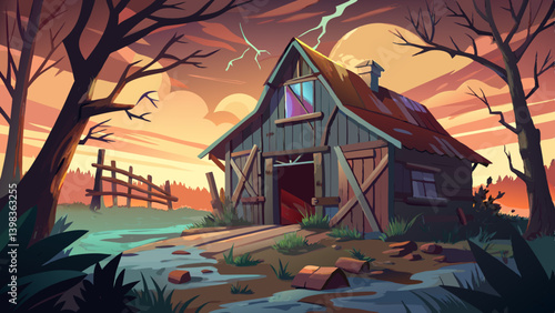 A dilapidated barn with creaking wood and strange shadows at dusk.