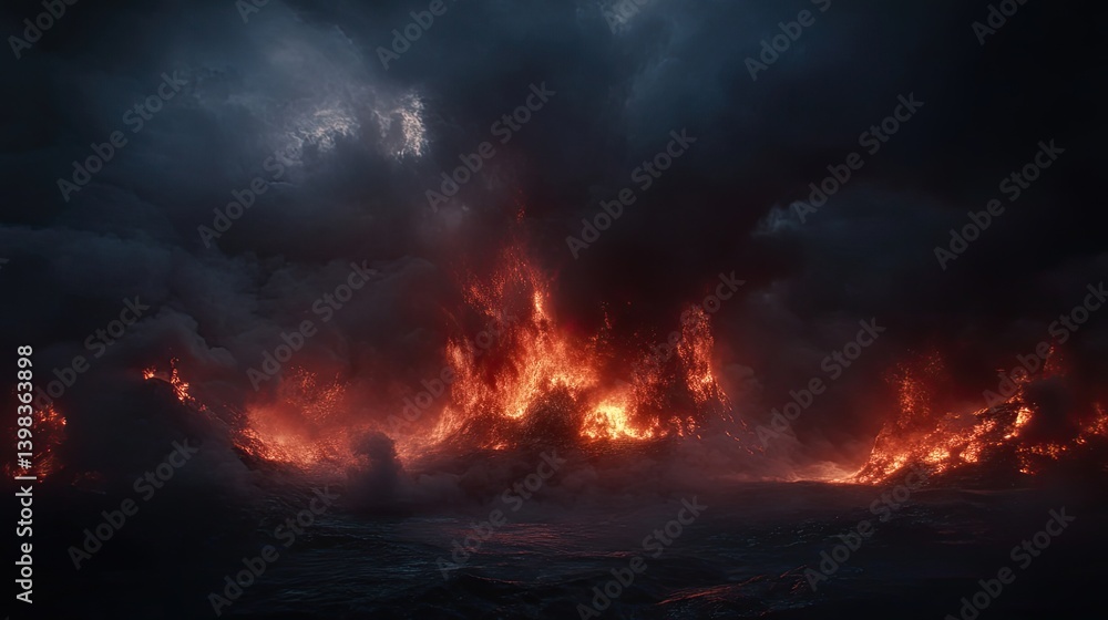 Fototapeta premium Volcanic Eruption at Sea Under Dark Stormy Skies