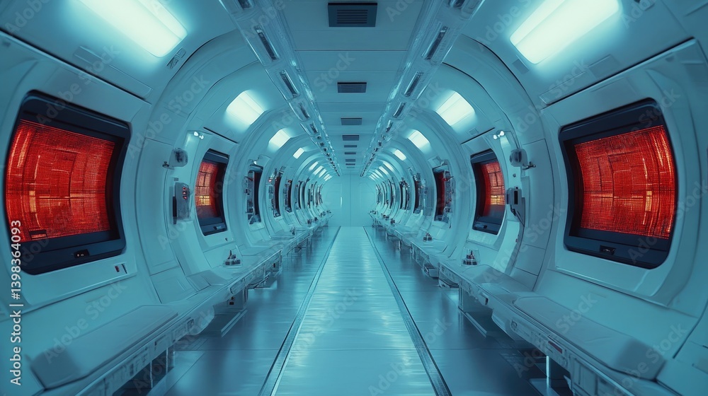 Obraz premium Futuristic interior corridor with red screens and bright lighting visible