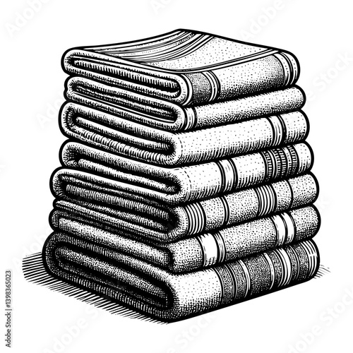 A stack of neatly folded towels sketch engraving black and white outline. Scratch board imitation.  illustrated in vintage line art style on a white background.
