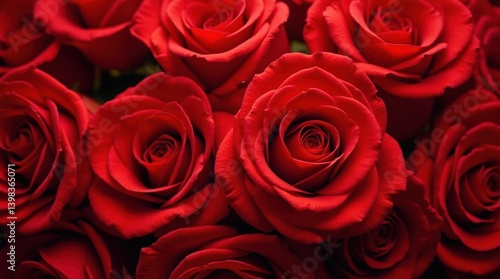 Fototapeta Naklejka Na Ścianę i Meble -  Banner full of multiple red roses, top view. Red roses panoramic background. Fresh dark red rose close up texture for St. Valentine's Day or Sant Jordi. Rose blossom.