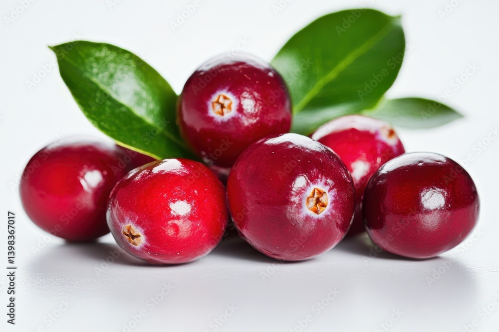 Obraz premium A group of cranberries with green leaves on a white surface seen close isolated on white background