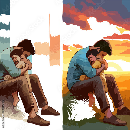 Prodigal Son EmotiA touching illustration of the Prodigal Son, showing a father hugging his crying child in a warm sunset field. Symbol of forgiveness, love, and emotional reunion.onal Reunio...