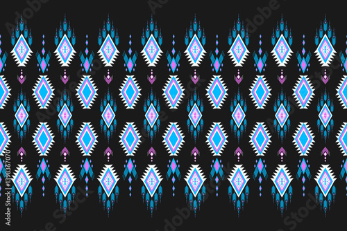 Abstract Ethnic Motif Aztec Pink Blue Black Background Geometric Traditional Seamless Design for background, rug, wallpaper, wrapping, cloth, fabric, textile, decorative, embroidery style