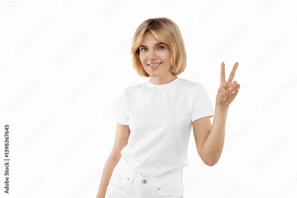 Cheerful young blonde woman in casual white outfit showing peace gesture over white background. Cheerful young blonde woman in casual white outfit showing peace gesture over white background.