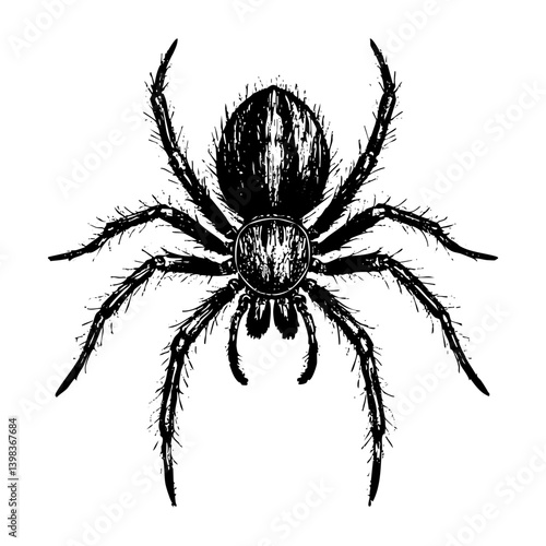 Tarantula spider engraving black and white outline. Scratch board imitation.  illustrated in vintage line art style on a white background.