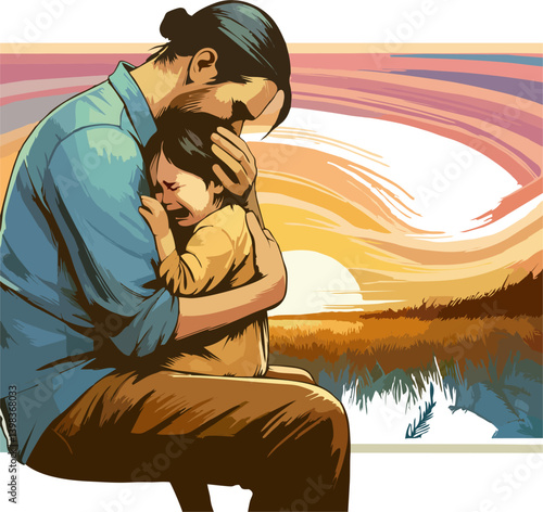 Prodigal Son EmotionA touching illustration of the Prodigal Son, showing a father hugging his crying child in a warm sunset field. Symbol of forgiveness, love, and emotional reunion.al Reunio...