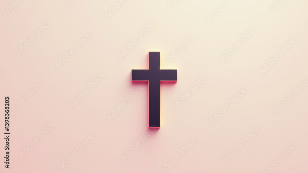 Obraz premium A minimalist Christian symbol featuring a pixelated cross with light rays emanating from below, set against a pink-toned background.