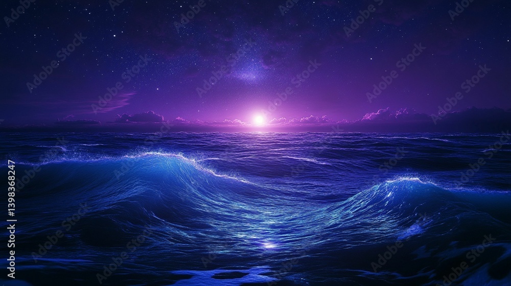 Fototapeta premium Abstract background with starry sky and sea waves. 3d render