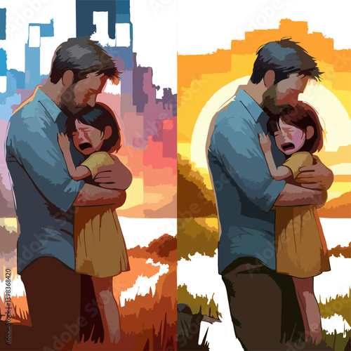 Prodigal Son Emotional Reunio...A touching illustration of the Prodigal Son, showing a father hugging his crying child in a warm sunset field. Symbol of forgiveness, love, and emotional reunion.