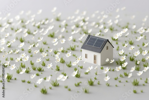 Model house surrounded by blooming flowers in a tranquil setting with solar panels on the roof