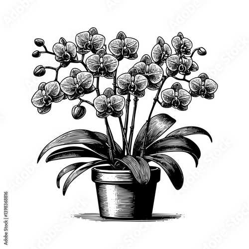 Orchid flower on pot sketch engraving black and white outline. Scratch board imitation.

