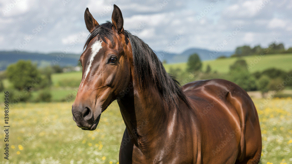 Fototapeta premium Brown horse in field with hills in background