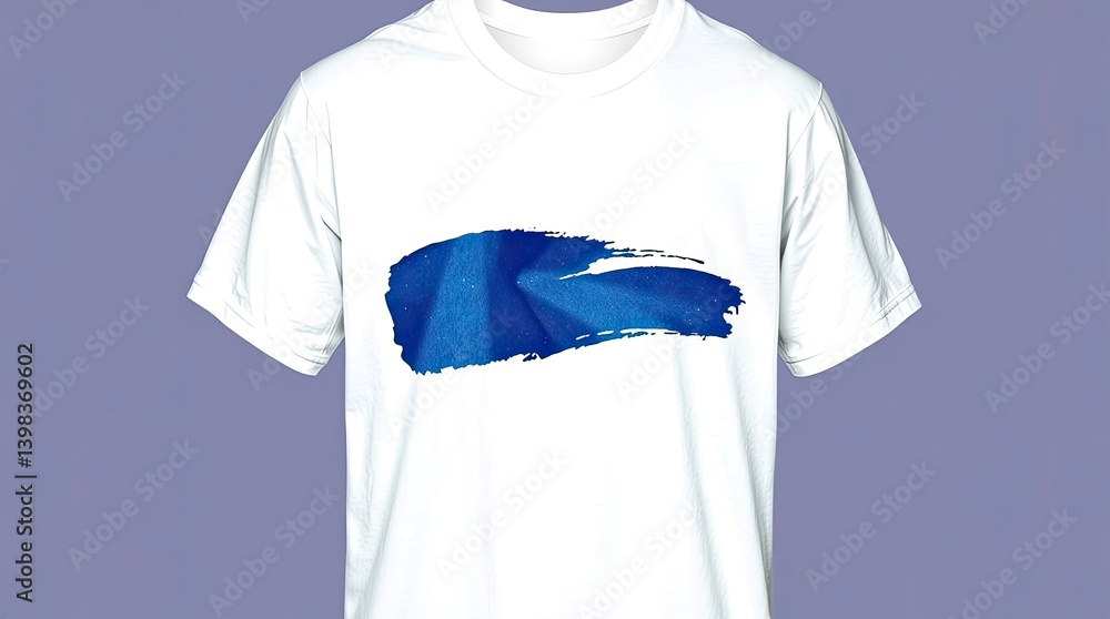 A white t-shirt featuring a vibrant blue paintbrush stroke design. A white t-shirt featuring a vibrant blue paintbrush stroke design.