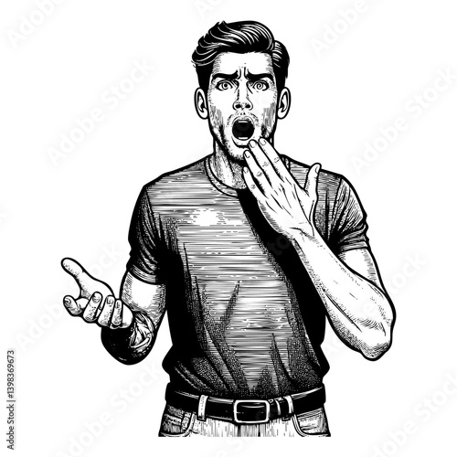 Man shocked portrait sketch engraving black and white outline. Scratch board imitation.