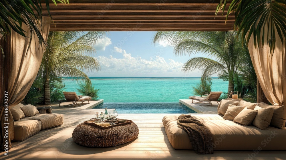 Obraz premium Tropical Beachfront Relaxation Lounge Overlooking Ocean