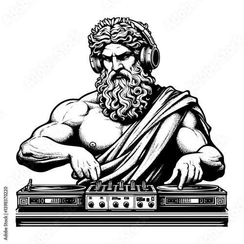 Greek god dj sketch engraving black and white outline. Scratch board imitation.  illustrated in vintage line art style on a white background.

