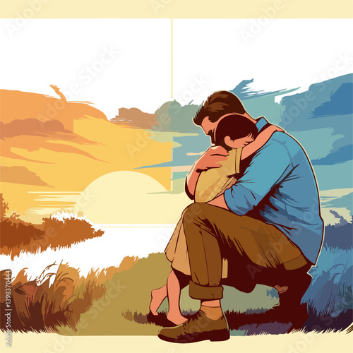 Prodigal Son EmotiA touching illustration of the Prodigal Son, showing a father hugging his crying child in a warm sunset field. Symbol of forgiveness, love, and emotional reunion.onal Reunio...