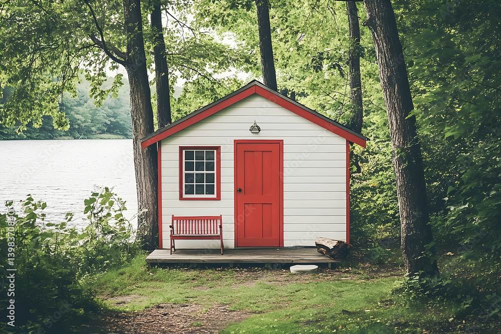 A charming white cabin with red trim sits by a serene lake. A charming white cabin with red trim sits by a serene lake.
