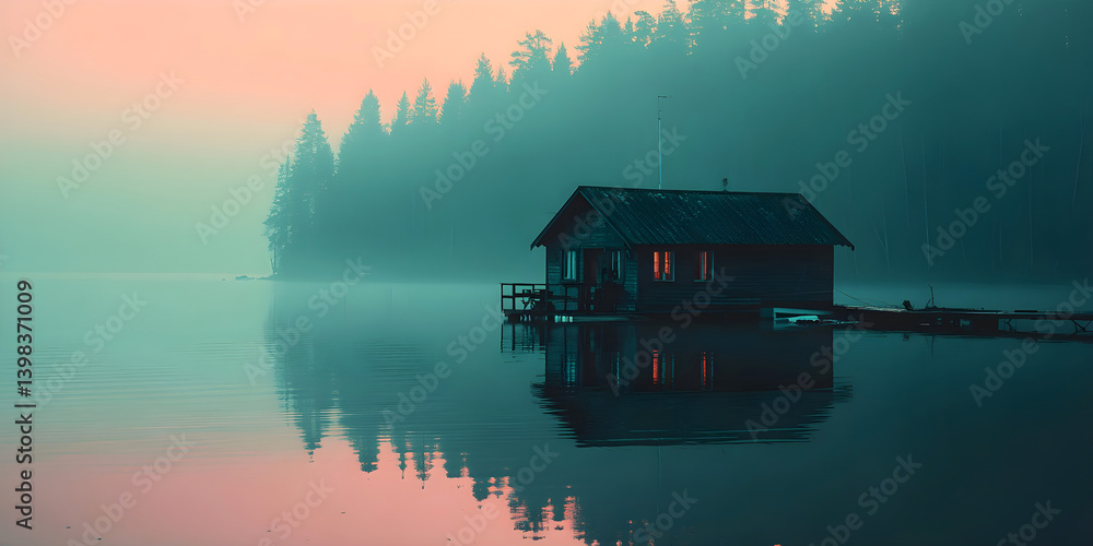 Fototapeta premium Lonely wooden cabin on a misty lake with glowing windows at sunset surrounded by pine trees
