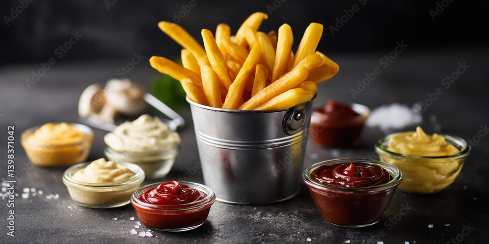 French fries served in a small metal bucket with dipping sauces around.