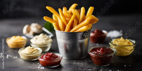 Obraz na płótnie French fries served in a small metal bucket with dipping sauces around. w salonie