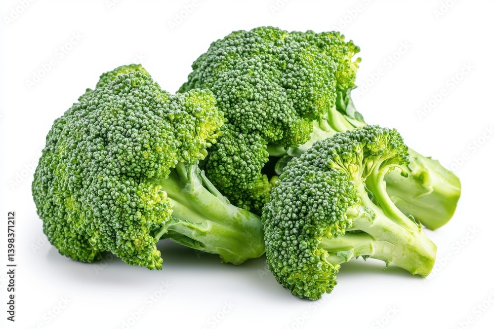 A close up view of fresh green broccoli florets on a light surface isolated on white background A close up view of fresh green broccoli florets on a light surface isolated on white background